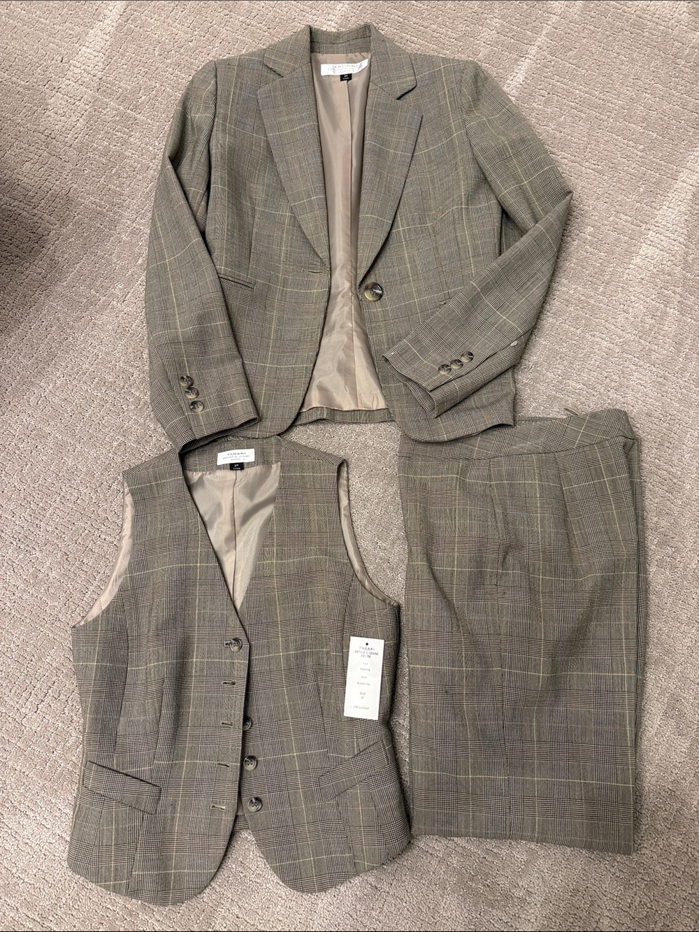 Tahari Olive Plaid Three-Piece Blazer, Vest & Skirt Set